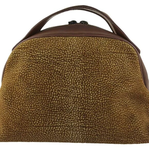 BORBONESE Handbag Ushura Pattern Beige Suede ?~ Leather Authentic Used G1614 - Picture 2 of 8